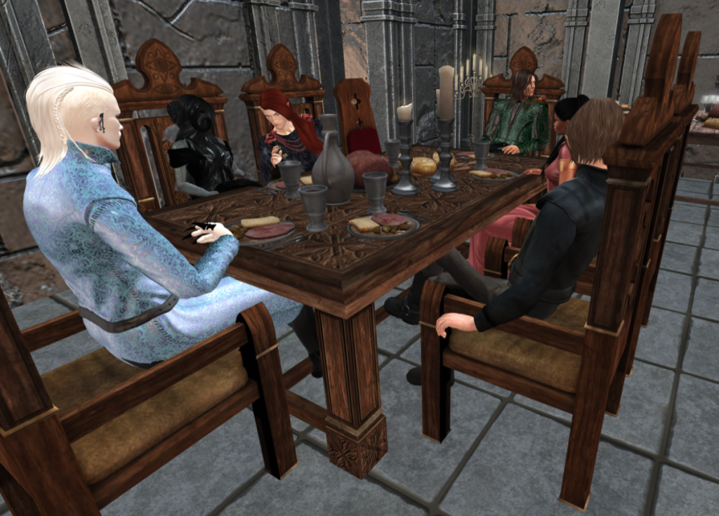 Sevestryn seated at the table with Elain, Narandir, Ornendil, Nessa and Radulf